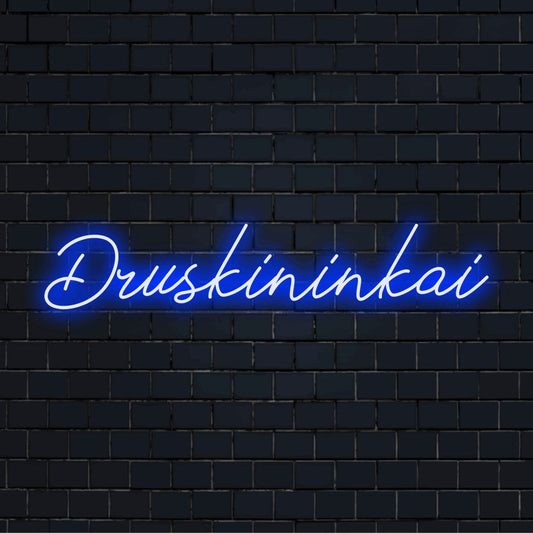 Druskininkai Neon Light with glowing lettering against black brick wall