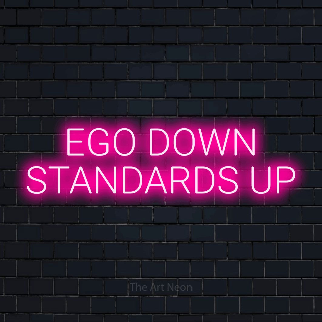 "Ego Down Standards Up" neon text design on a black brick wall
