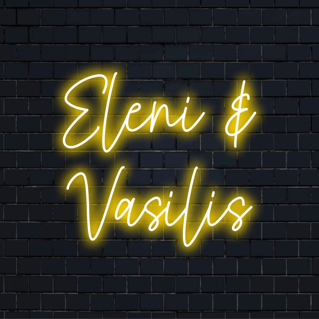 Eleni _ Vasilis Custom Name Neon Sign, bright neon glow on dark brick wall