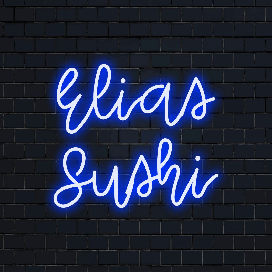 Elias Sushi Personalized Neon Light with glowing wall decor on black brick background