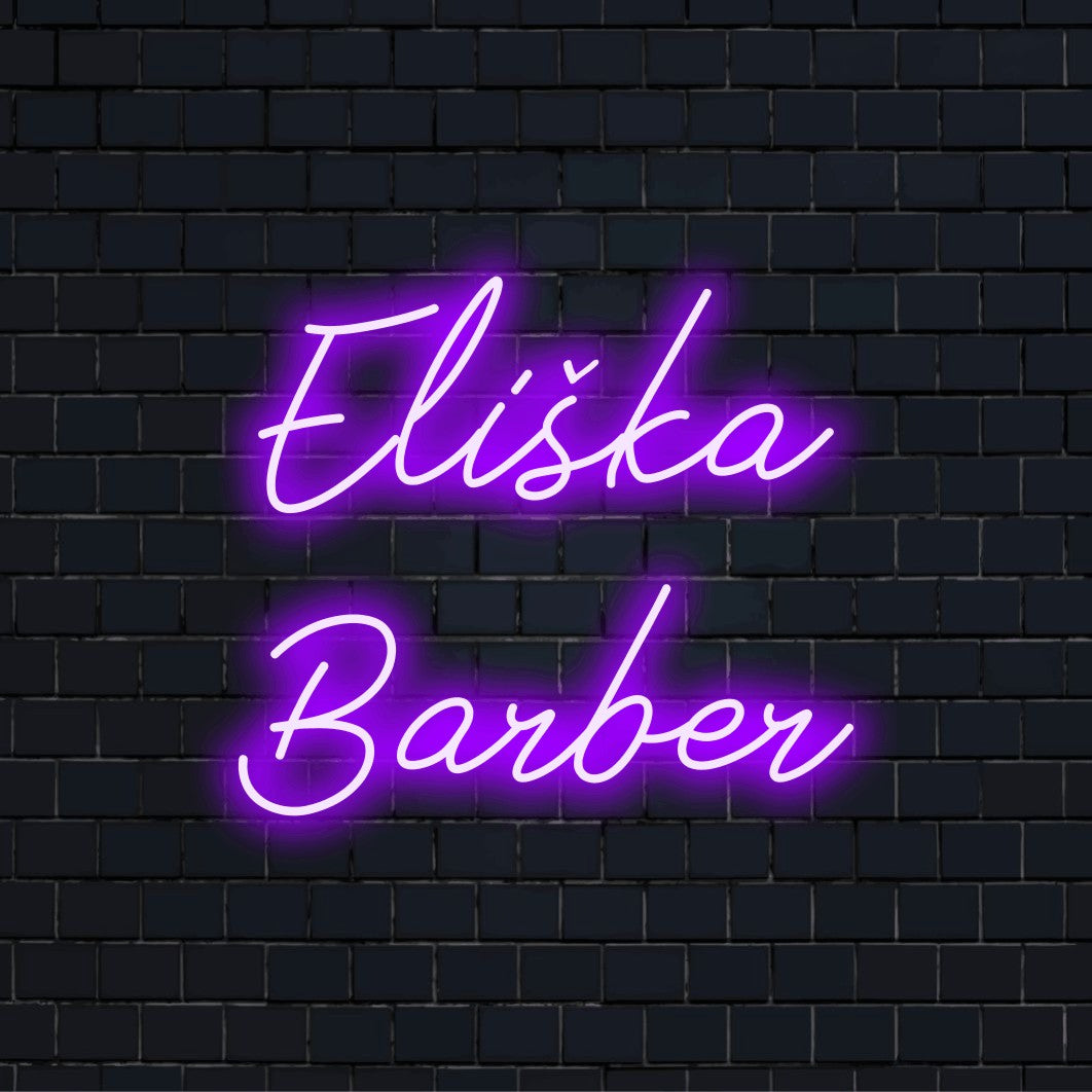 Eliska Barber Personalized Neon Light with glowing lettering on dark brick background