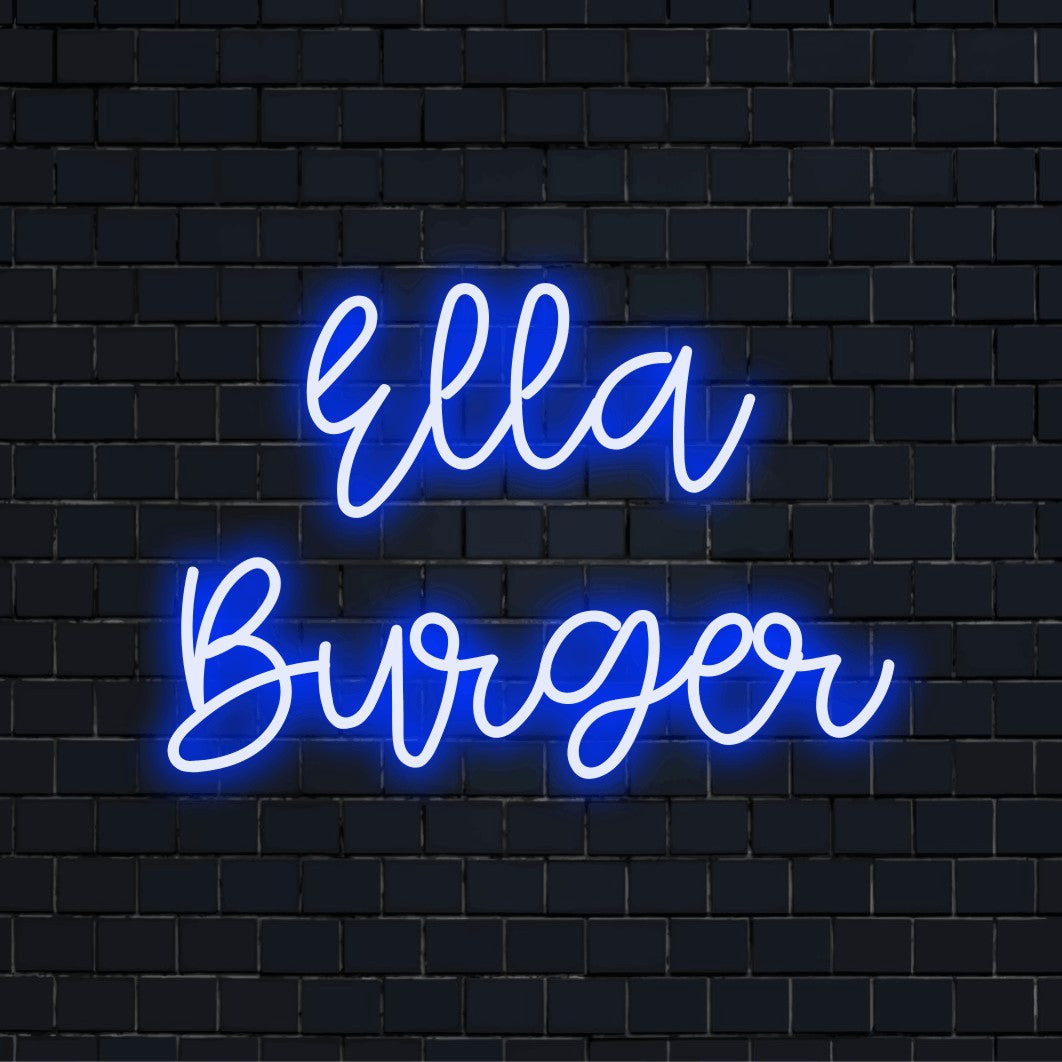 Ella Burger Personalized LED Neon Sign, neon text light on dark brick wall