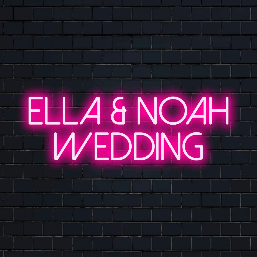 Ella _ Noah Wedding Personalized Neon Light with glowing neon text against brick backdrop