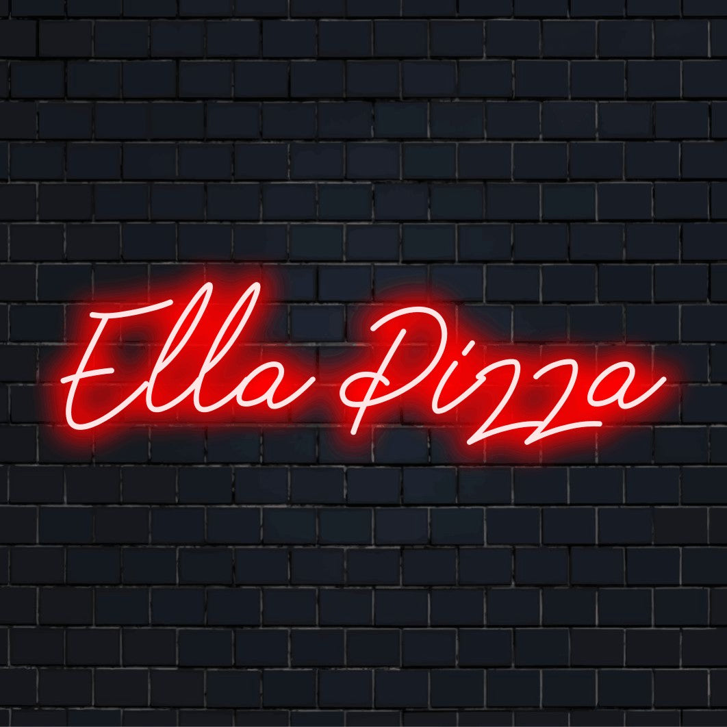 Ella Pizza Custom Name Neon Sign, bright neon glow against black brick wall