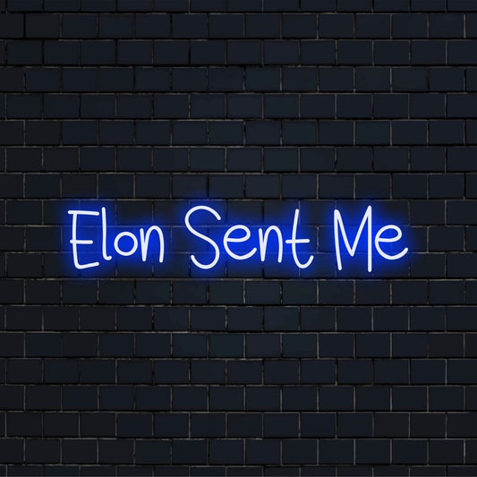 Elon Sent Me Neon Sign, glowing neon text against black brick wall