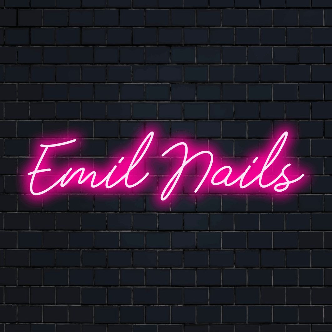 Emil Nails Personalized LED Neon Sign, glowing neon text on black brick background
