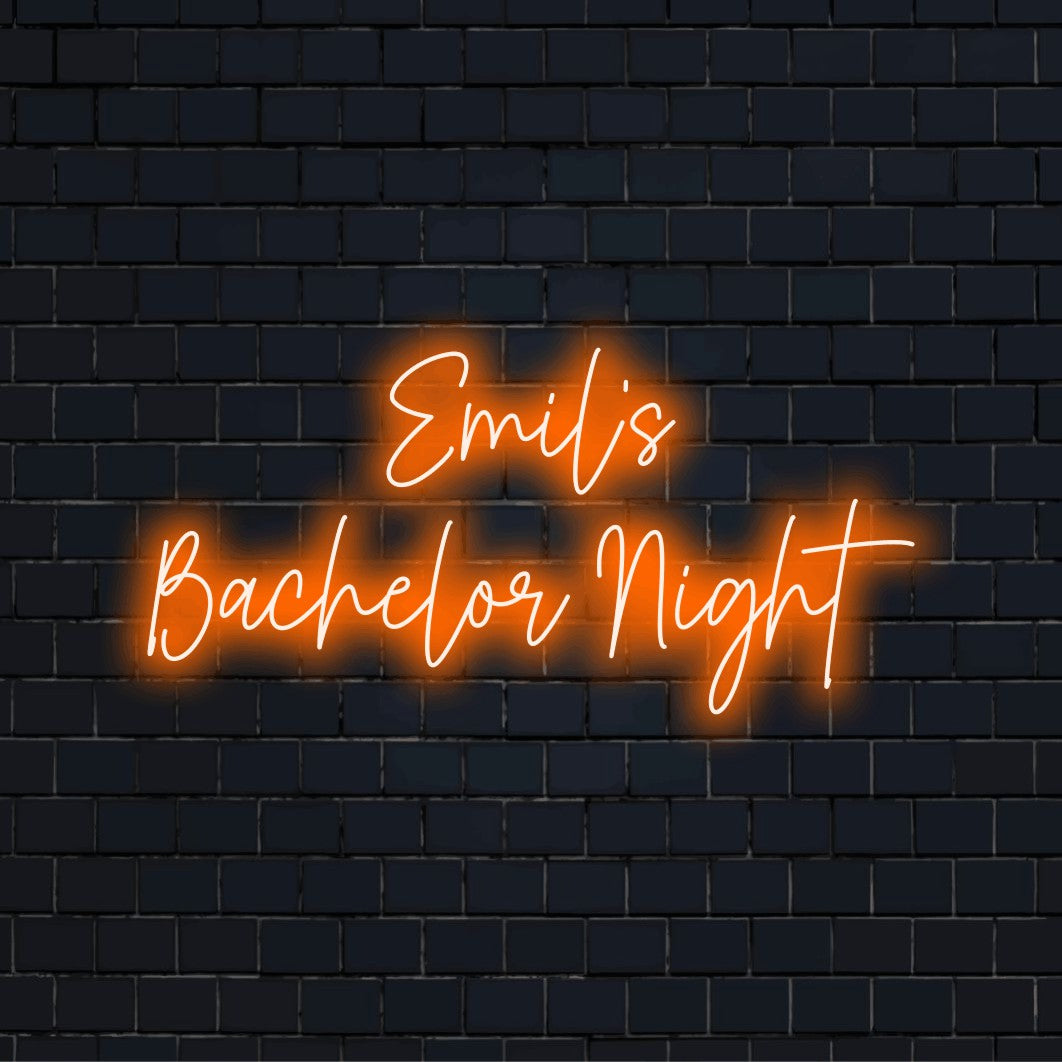 Emil_s Bachelor Night Custom Name Neon Sign, neon text light against brick backdrop