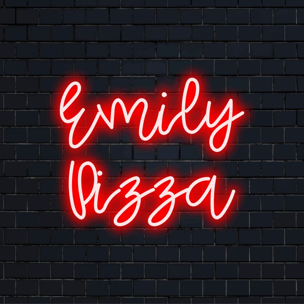 Emily Pizza Personalized Neon Light with bright neon glow against black brick wall