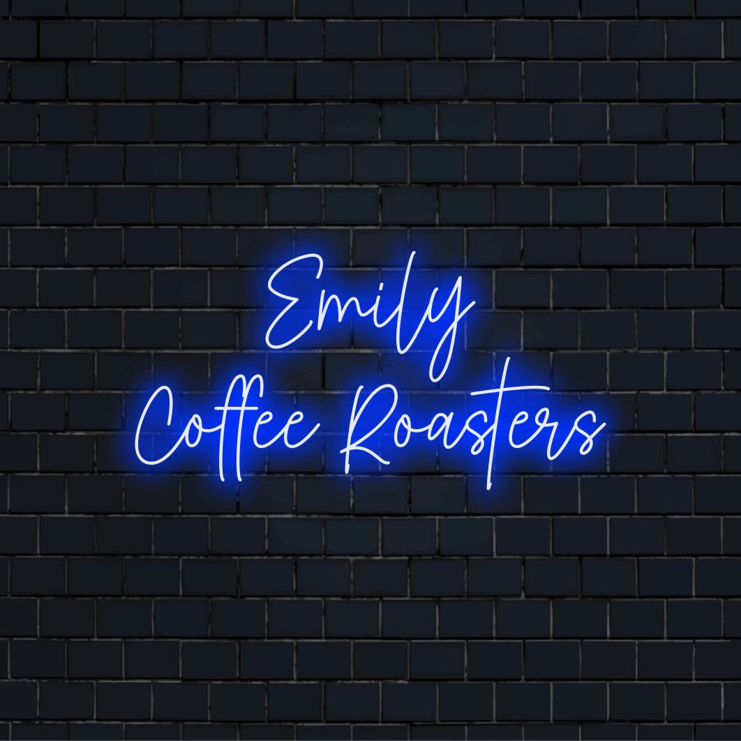 Emily Coffee Roasters Custom Name Neon Sign, neon text light against black brick wall