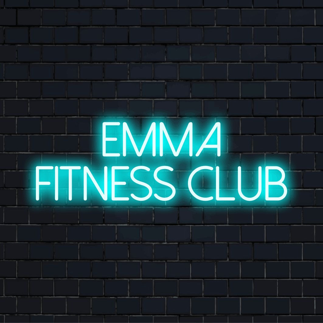 Emma Fitness Club Personalized LED Neon Sign, soft neon glow on dark brick wall