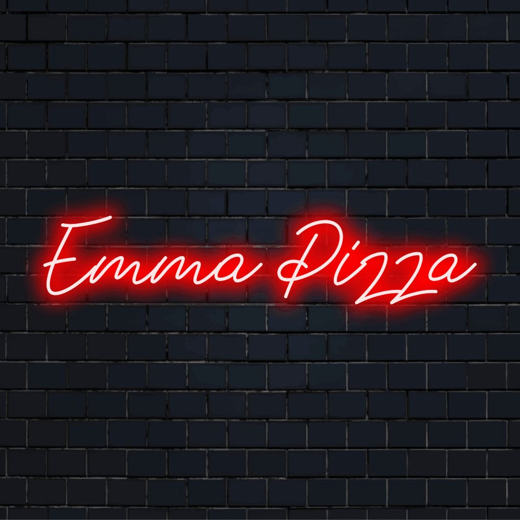 Emma Pizza Custom Name Neon Sign, soft neon glow on black brick background