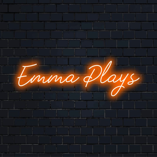 Emma Plays Personalized LED Neon Sign, bright LED glow on dark brick wall