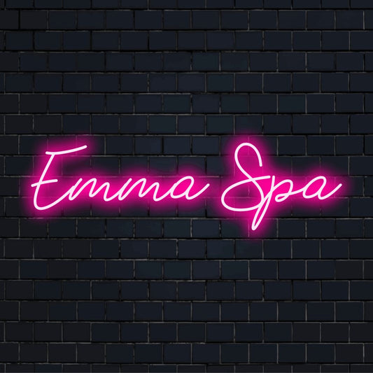 Emma Spa Custom Name Neon Sign, bright neon glow on black brick background