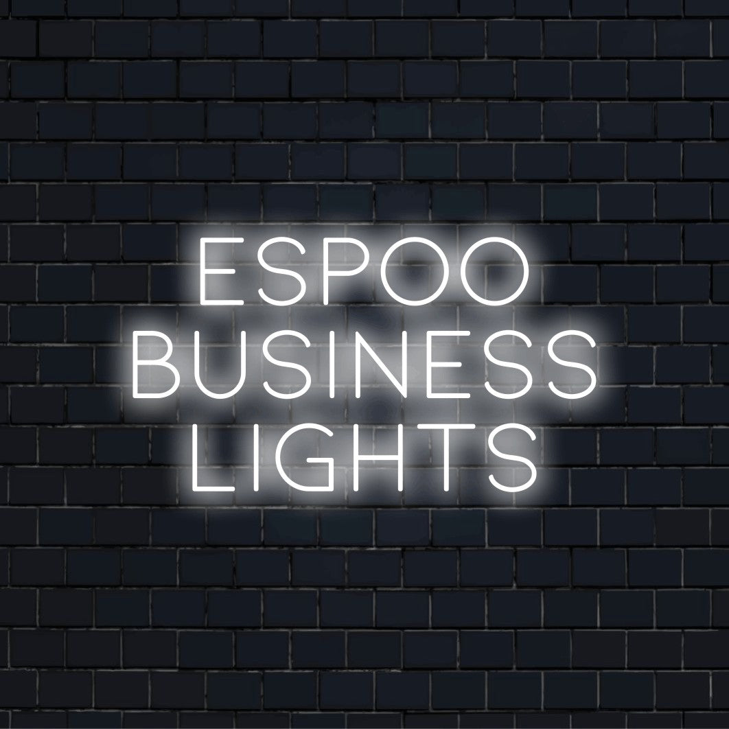 Espoo Business Lights Neon Sign, neon text light on dark brick wall