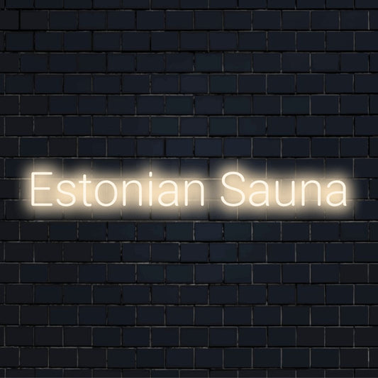Estonian Sauna Neon Sign, glowing neon text on black brick background