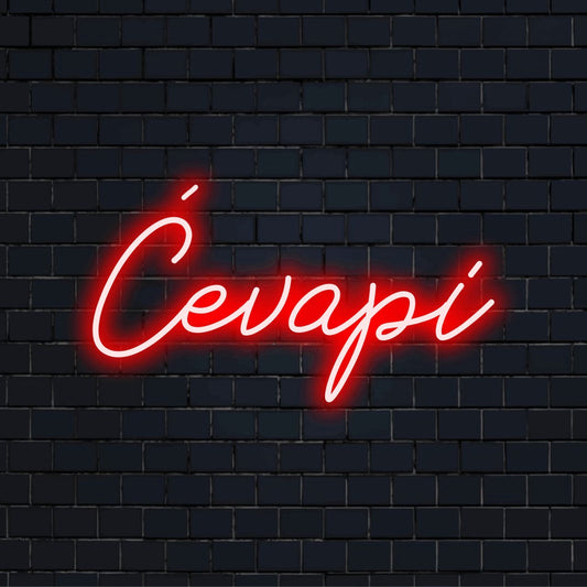 Evapi Neon Sign, neon text light on black brick background