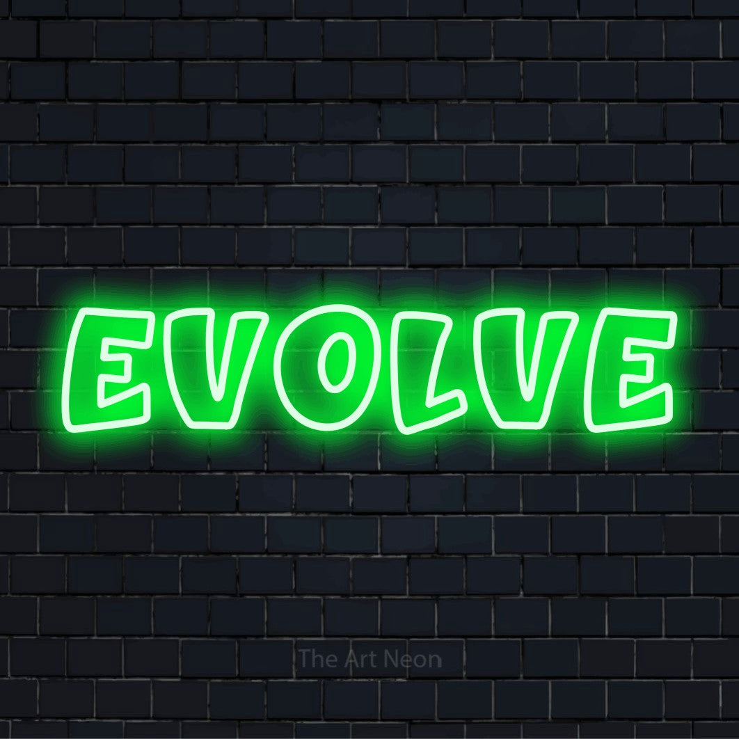 "Evolve" script-style LED neon sign on a black brick wall