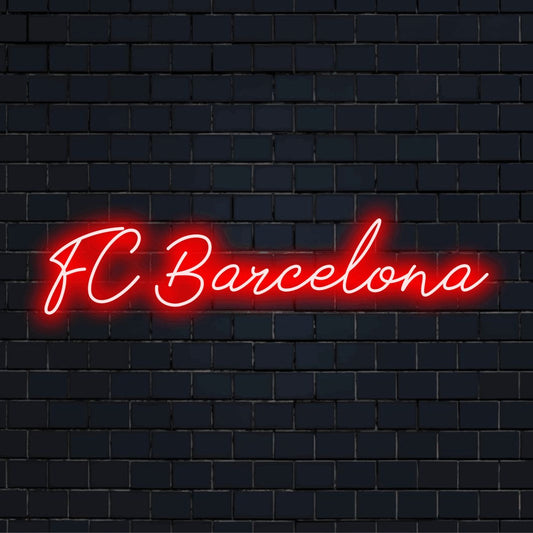Fc Barcelona Neon Sign, bright LED glow against black brick wall