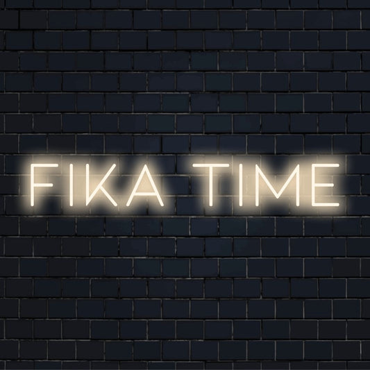 Fika Time Neon Sign, glowing wall decor on black brick background