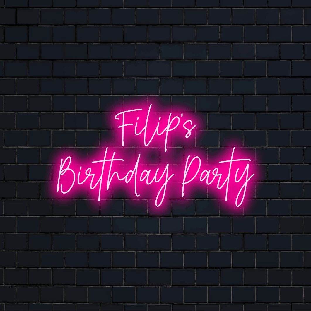 Filip_s Birthday Party Custom Name Neon Sign, glowing wall decor on dark brick background