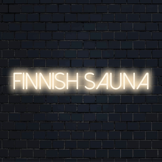 Finnish Sauna Neon Sign, glowing wall decor on dark brick background