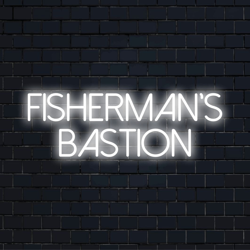 Fisherman S Bastion Neon Light with soft neon glow against black brick wall