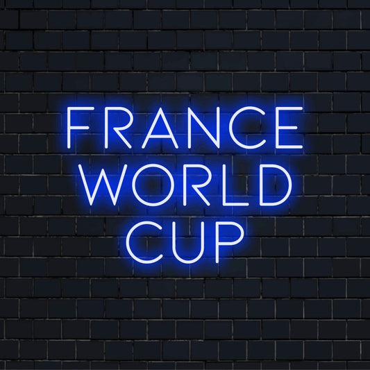 France World Cup LED Neon Sign, glowing neon text on black brick background
