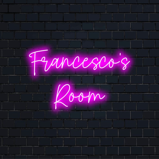 Francesco_s Room Custom Name Neon Sign, glowing neon text against black brick wall