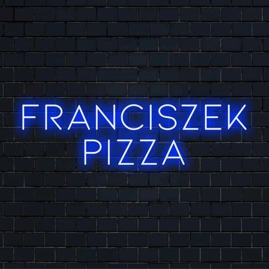 Franciszek Pizza Custom Name Neon Sign, glowing lettering on black brick background