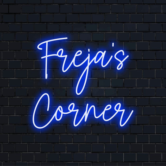 Freja_s Corner Personalized LED Neon Sign, bright neon glow on black brick background