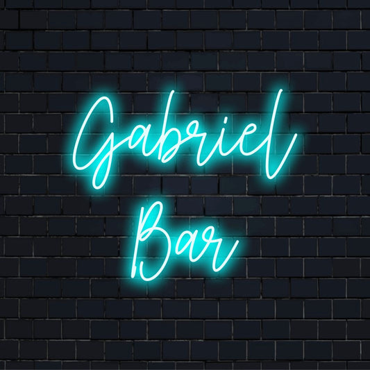 Gabriel Bar Personalized LED Neon Sign, neon text light against black brick wall