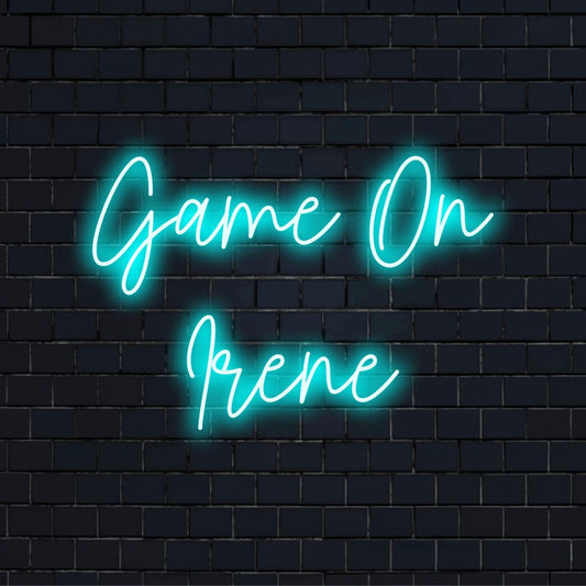 Game On Irene Personalized LED Neon Sign, soft neon glow on dark brick background