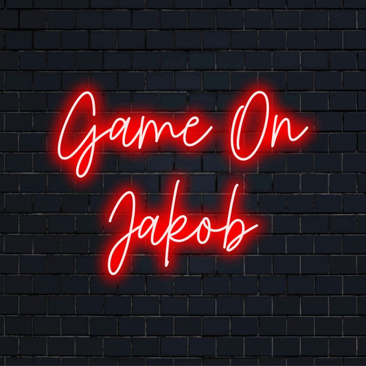 Game On Jakob Personalized Neon Light with bright LED glow on dark brick wall