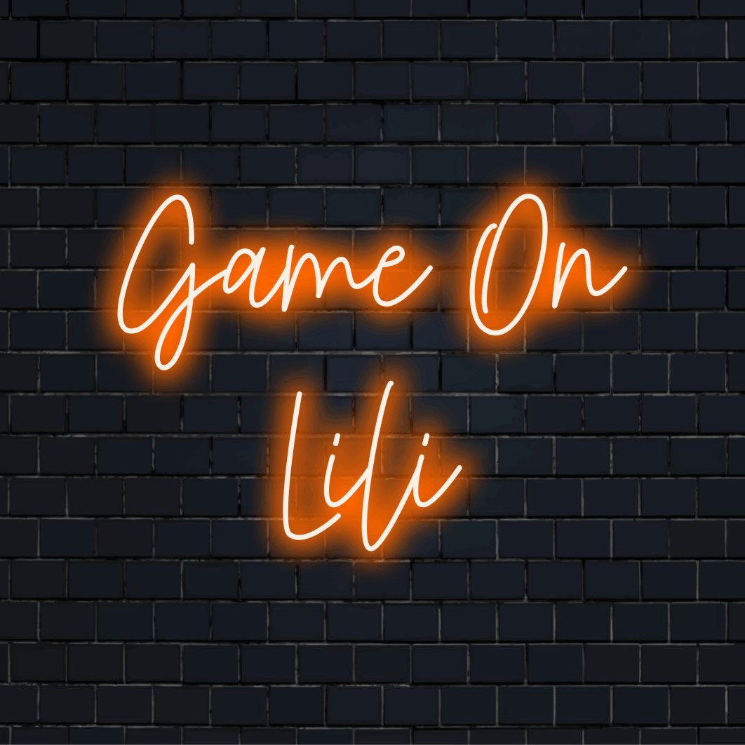 Game On Lili Custom Name Neon Sign, neon text light on black brick background