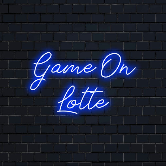 Game On Lotte Custom Name Neon Sign, bright neon lettering on black brick background