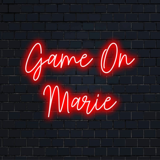 Game On Marie Custom Name Neon Sign, glowing wall decor on dark brick background