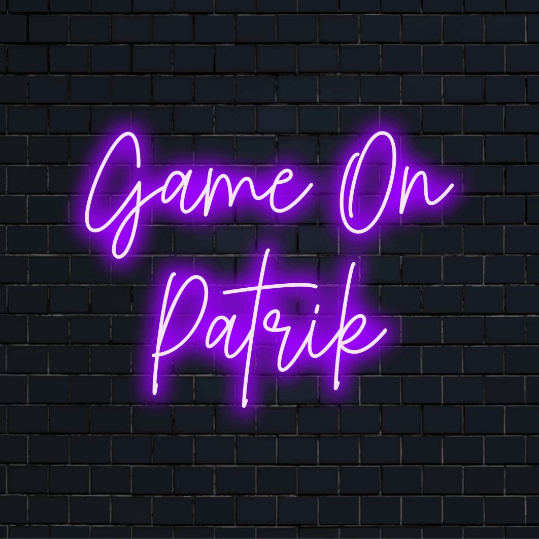 Game On Patrik Personalized LED Neon Sign, neon text light on dark brick wall