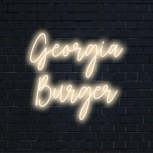 Georgia Burger Personalized LED Neon Sign, glowing neon text against brick backdrop