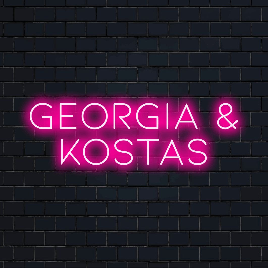 Georgia _ Kostas Custom Name Neon Sign, bright neon lettering on black brick background
