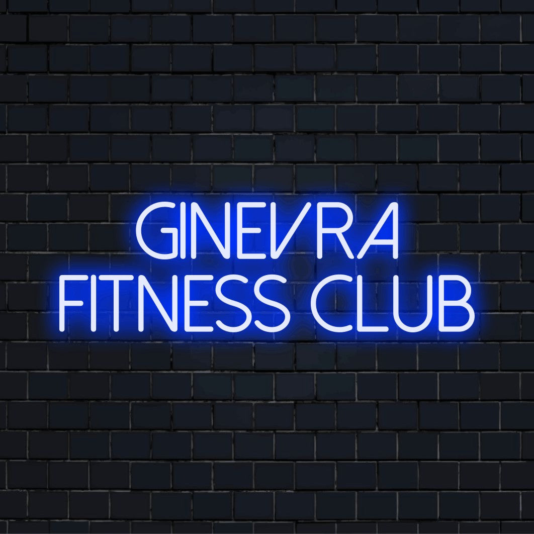 Ginevra Fitness Club Personalized Neon Light with glowing lettering on dark brick wall