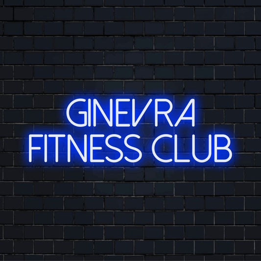 Ginevra Fitness Club Personalized Neon Light with glowing lettering on dark brick wall