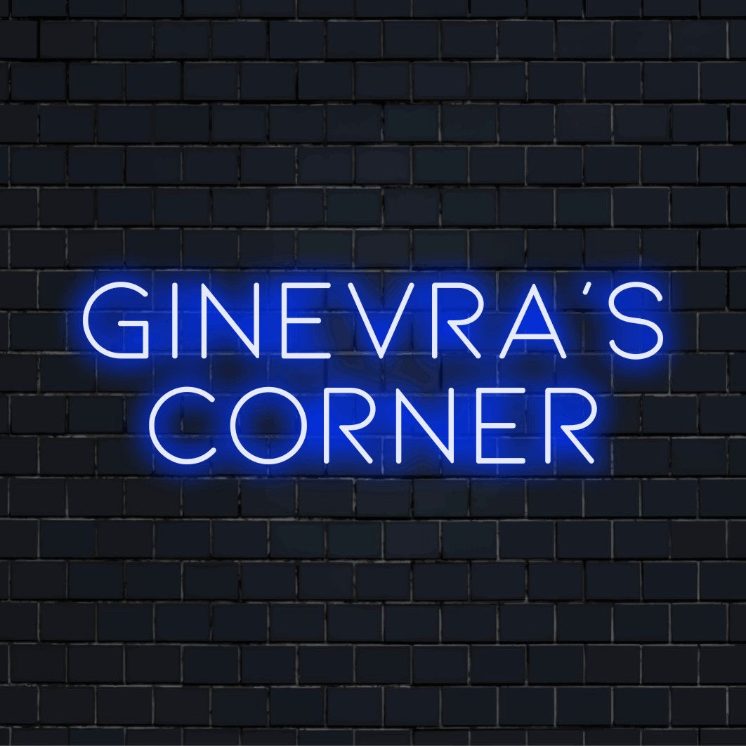 Ginevra_s Corner Personalized Neon Light with glowing wall decor on black brick background