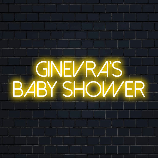 Ginevra_s Baby Shower Personalized Neon Light with soft neon glow on dark brick background