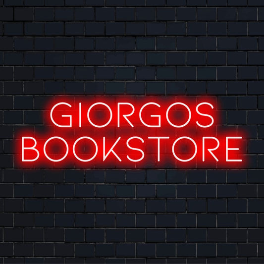 Giorgos Bookstore Personalized LED Neon Sign, glowing wall decor on dark brick wall