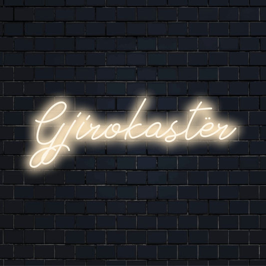 Gjirokast R LED Neon Sign, neon text light on dark brick background