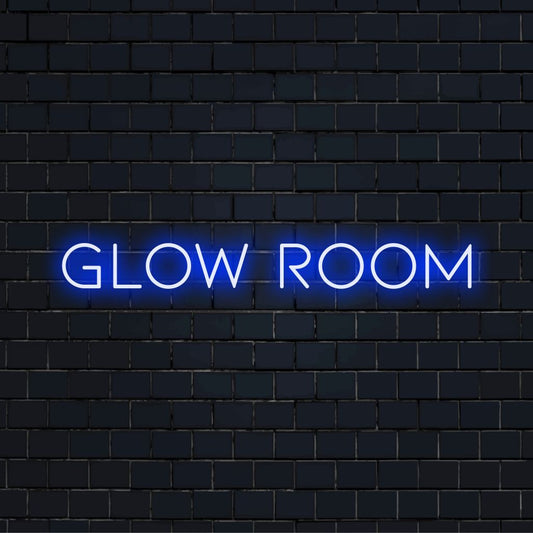 Glow Room Neon Sign, bright LED glow against black brick wall