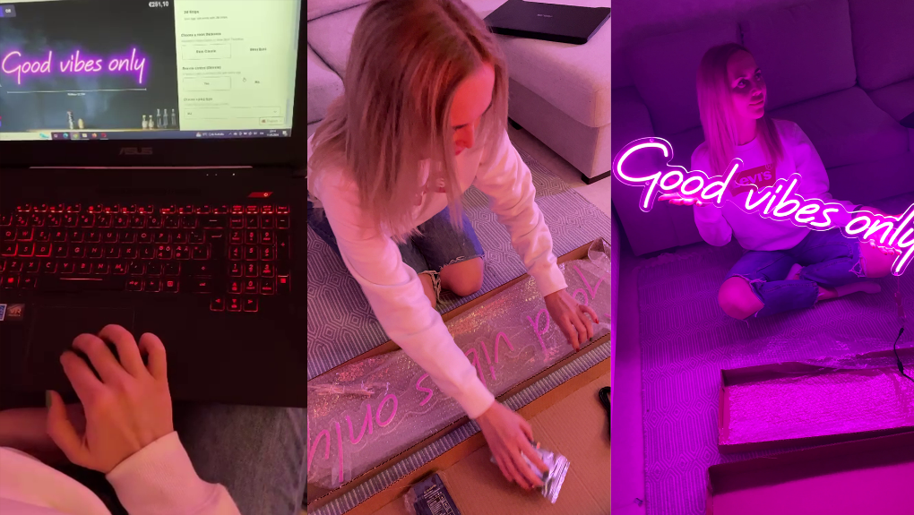 A collage of three images showcasing the process of creating and displaying a neon sign that reads "Good vibes only." In the first image, someone is working on a laptop with the neon sign design visible on the screen. The second image shows a person unpacking the neon sign from its packaging. In the third image, the person is sitting on the floor, holding the illuminated neon sign with a purple-pink glow. The setting suggests a creative and cozy workspace, emphasizing the craftsmanship behind the product.
