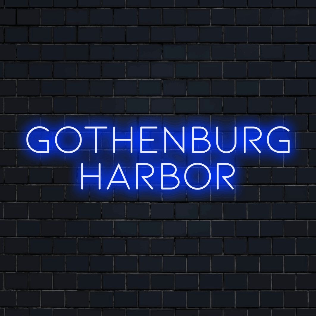 Gothenburg Harbor LED Neon Sign, bright LED glow against brick backdrop