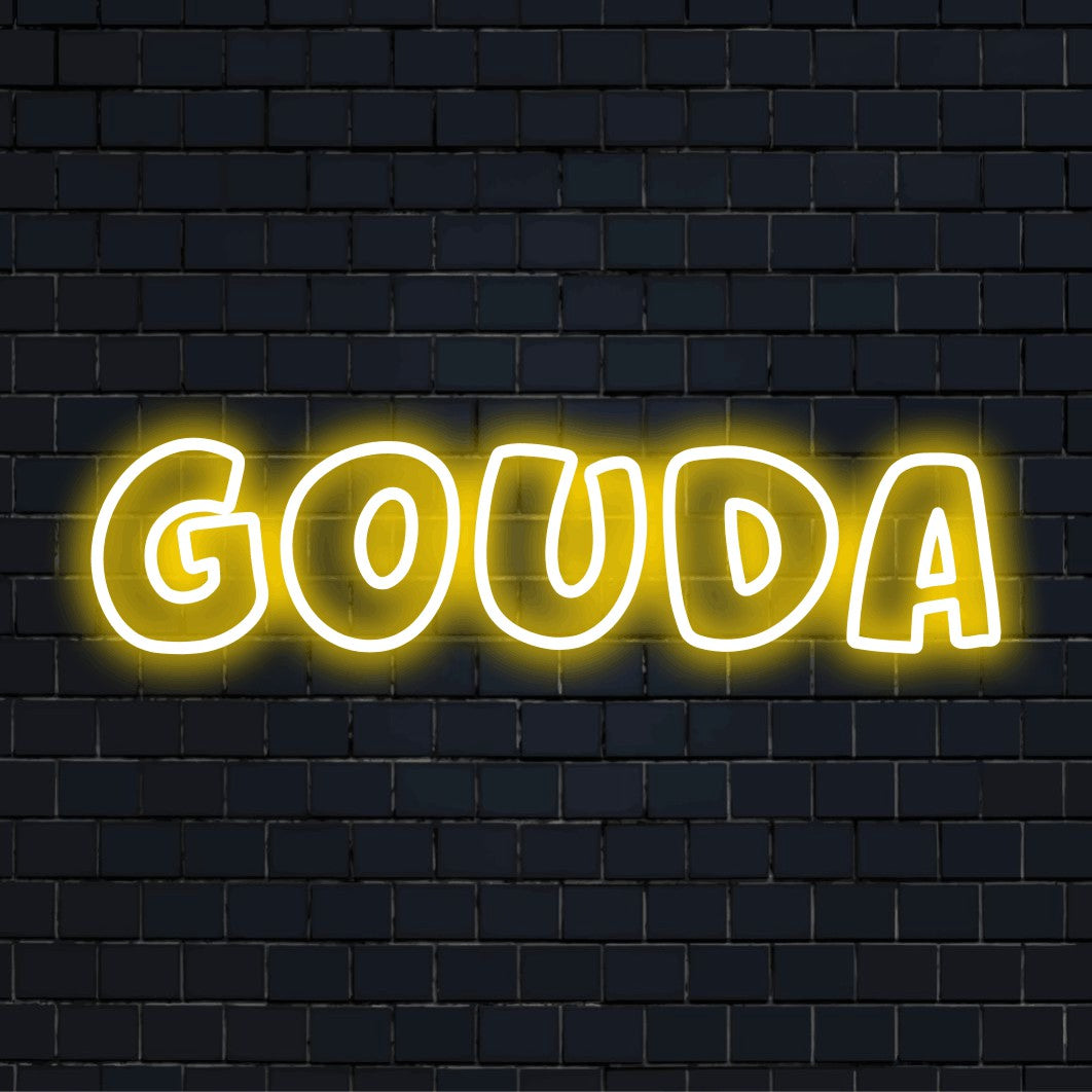 Gouda LED Neon Sign, soft neon glow against black brick wall