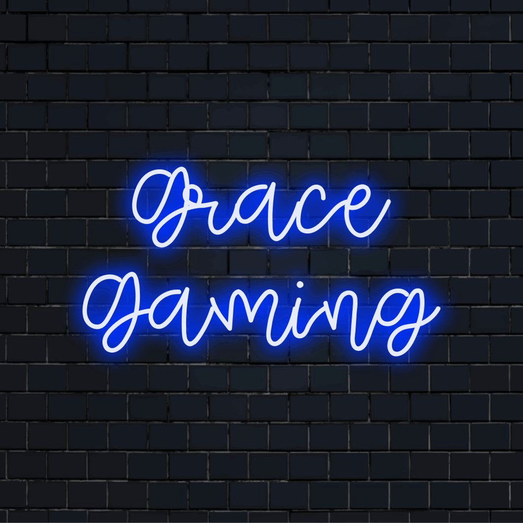 Grace Gaming Personalized LED Neon Sign, bright neon lettering against black brick wall